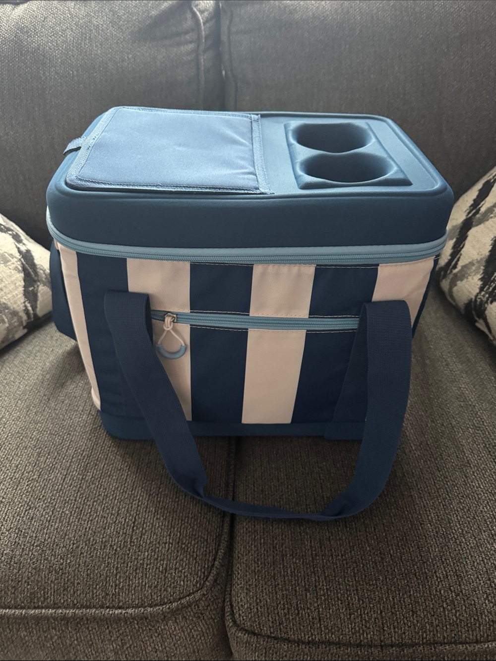 Striped Blue & White Portable Cooler Bag with Dual Cup Holders